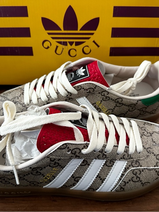 Gucci Shoes - Gucci Beige Monogram Sneakers with White Stripes, Red Tongue, Green Heel